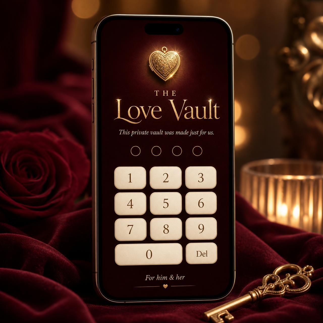 The Love Vault lock screen on a phone, glowing on burgundy velvet beside a rose and a golden key